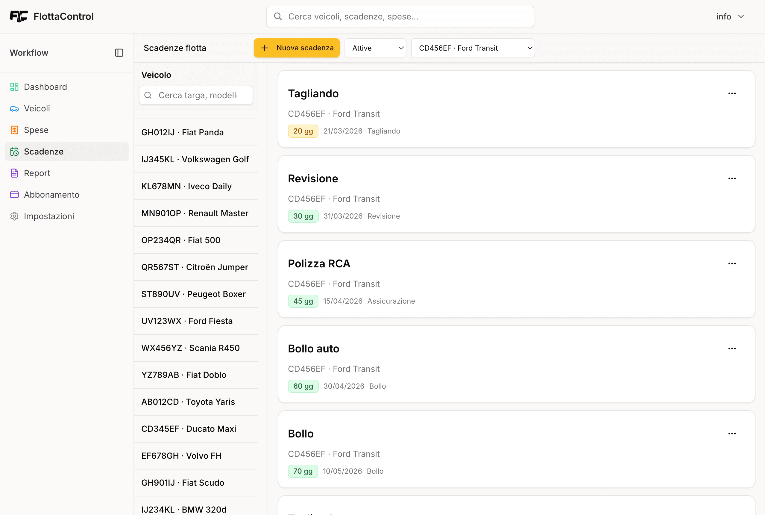 Scadenze FlottaControl - revisioni, bolli, assicurazioni